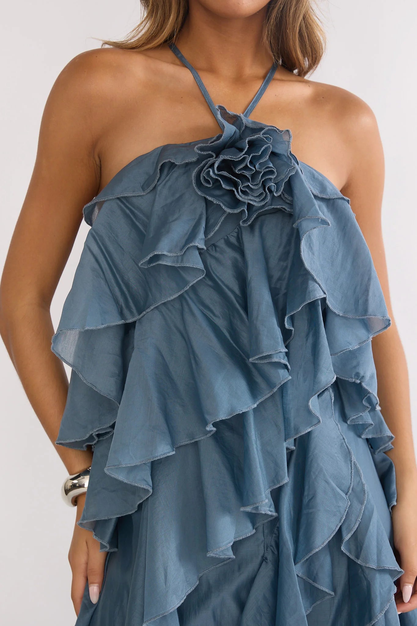 Affordable Spaghetti Strap Ruffle Trim Slate Blue Maxi Evening Dress Hot Sale