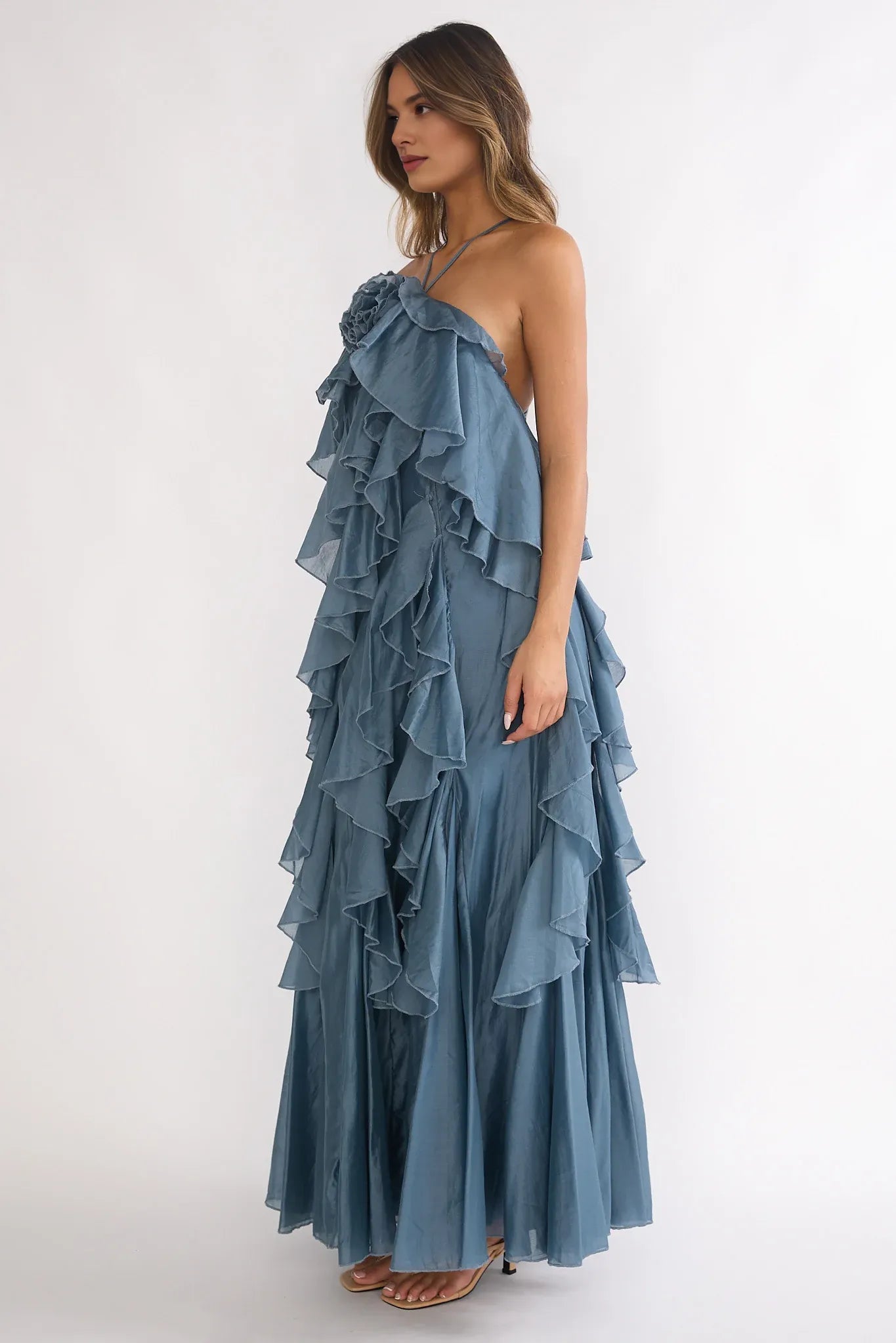 Affordable Spaghetti Strap Ruffle Trim Slate Blue Maxi Evening Dress Hot Sale