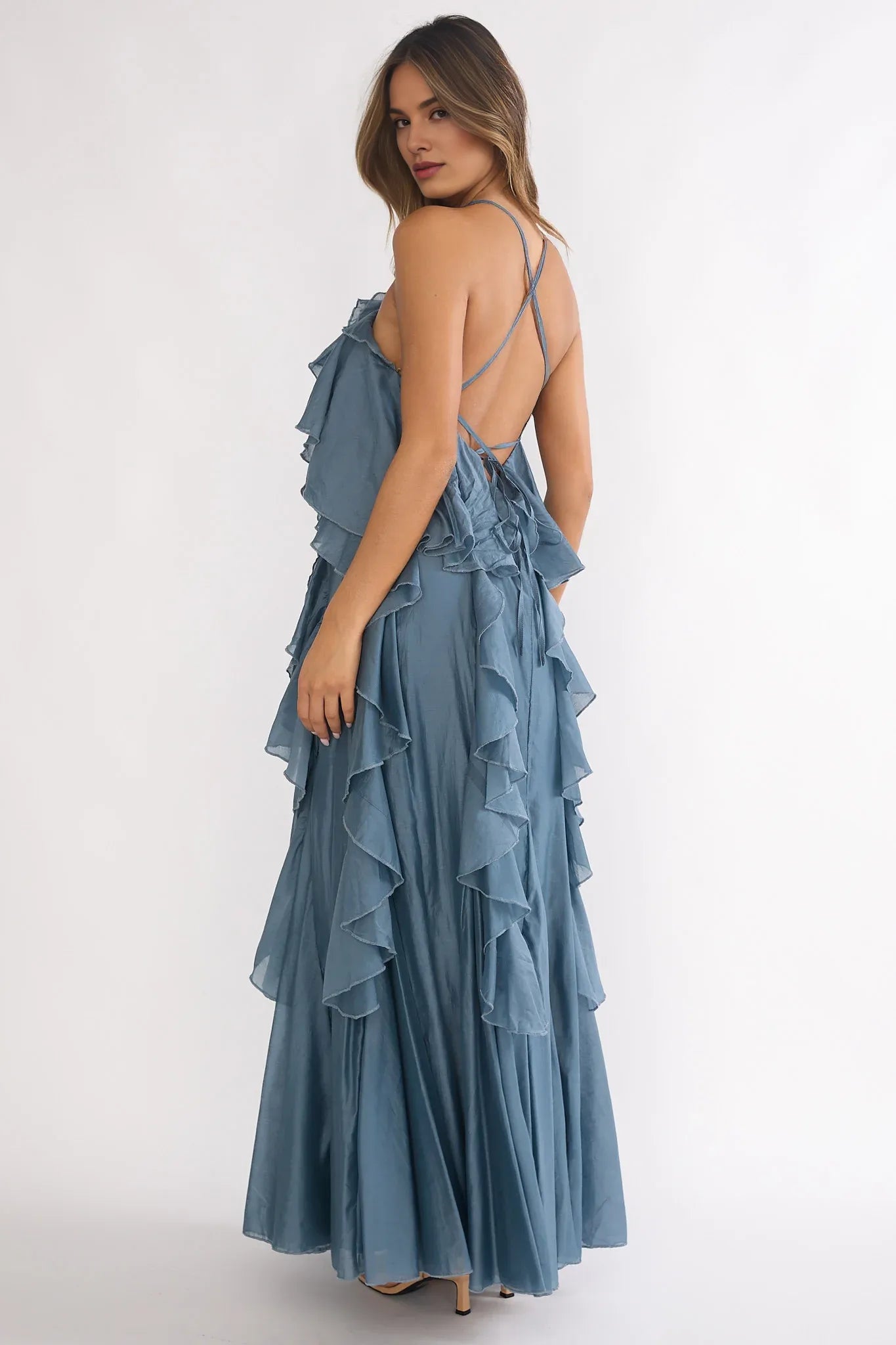 Affordable Spaghetti Strap Ruffle Trim Slate Blue Maxi Evening Dress Hot Sale