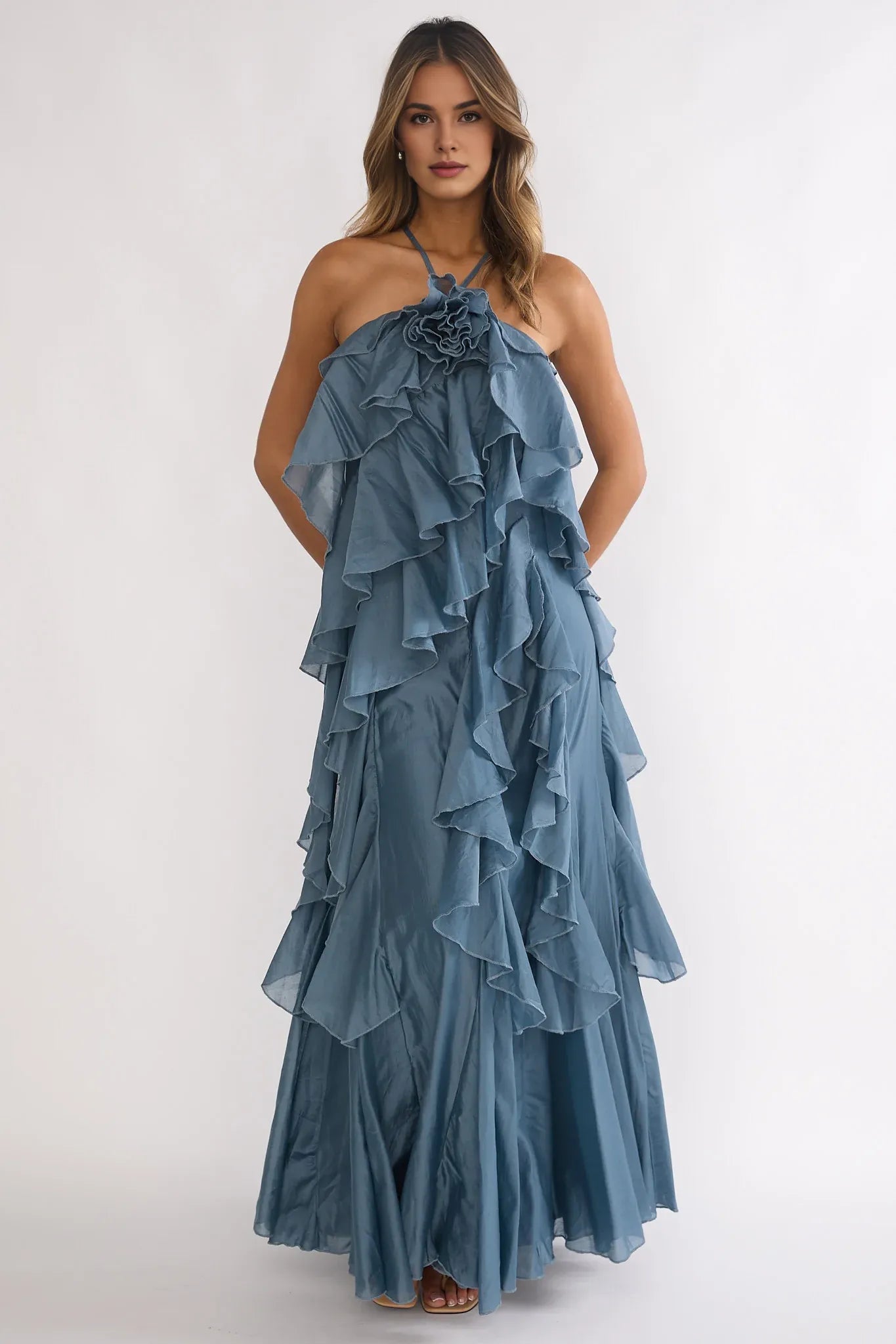 Affordable Spaghetti Strap Ruffle Trim Slate Blue Maxi Evening Dress Hot Sale