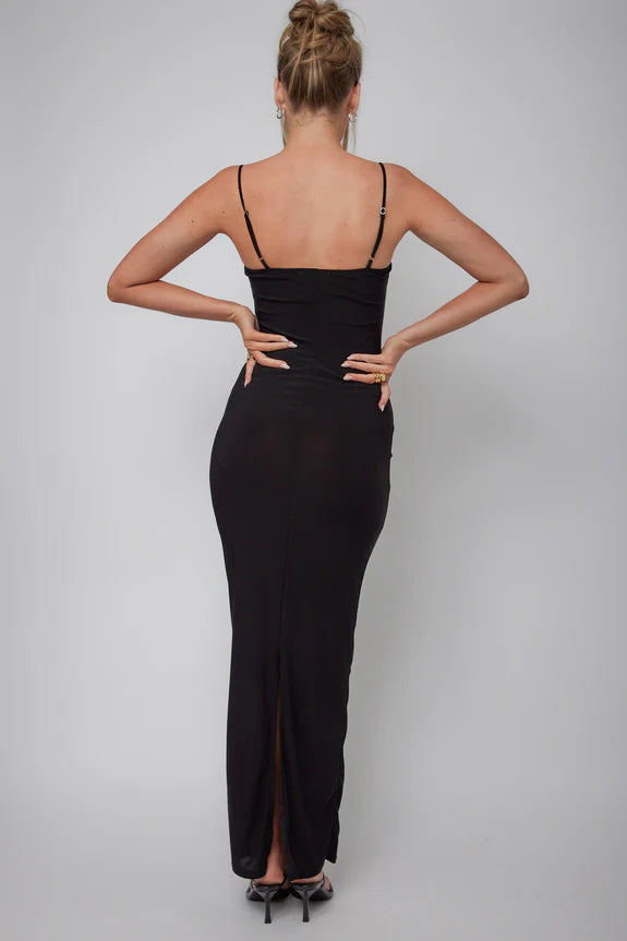 Affordable Spaghetti Straps Lace Black Maxi Evening Dress With Back Slit