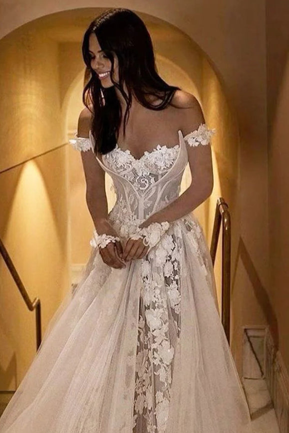 Affordable Lace Tulle Sweetheart Off-The-Shoulder Applique Long Sleeve Wedding Dress