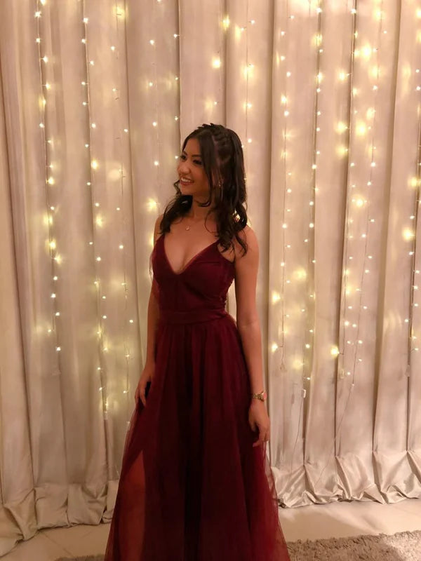 A line Burgundy Tulle Spaghetti Straps Sleeveless Long Prom Dresses Party Dress With Slit