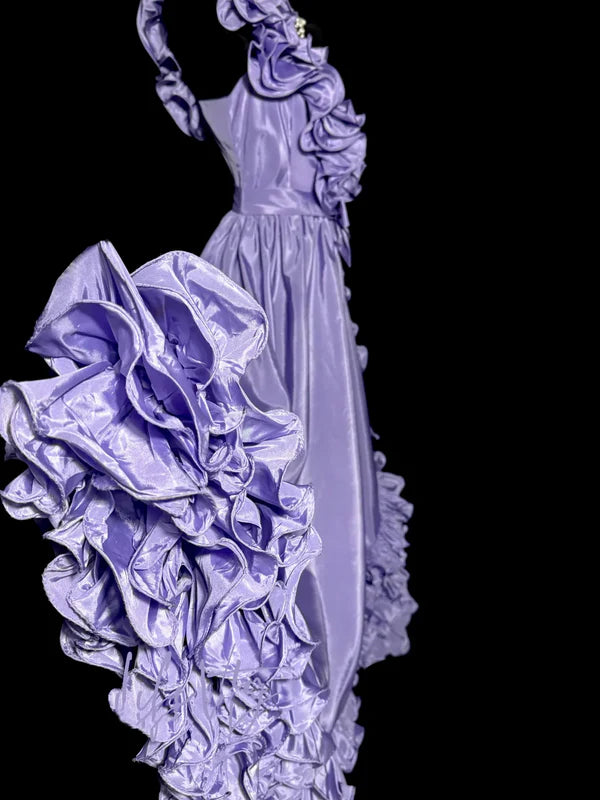 A line Grape Satin Sleeveless One Shoulder Ruffle Long Discount Prom Dresses Party Dress