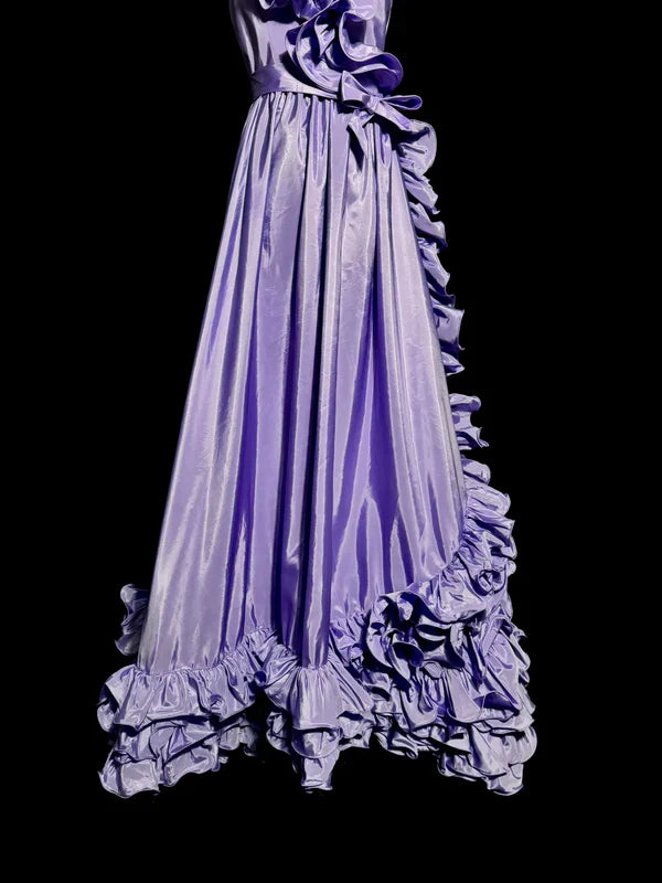 A line Grape Satin Sleeveless One Shoulder Ruffle Long Discount Prom Dresses Party Dress