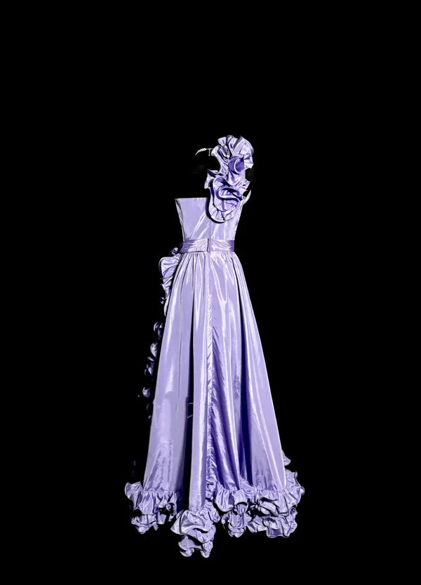 A line Grape Satin Sleeveless One Shoulder Ruffle Long Discount Prom Dresses Party Dress