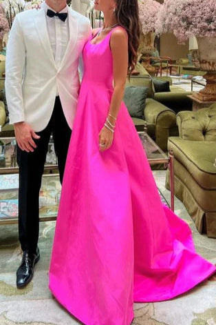 A line Hot Pink Satin Square Neck Long Prom Dresses Affordable Satin Party Dresses Birthday Outfits
