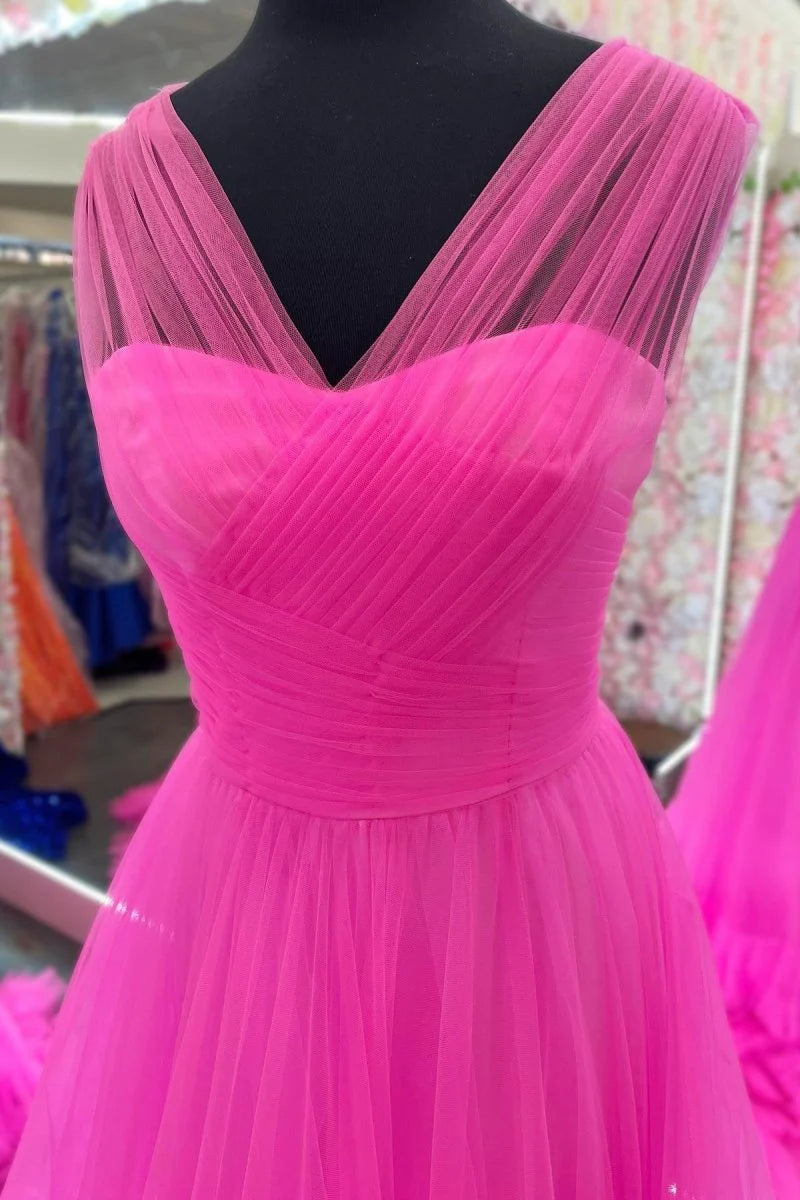 A line Illusion V Neck Pleated Layered Tulle Long Prom Dress For Women
