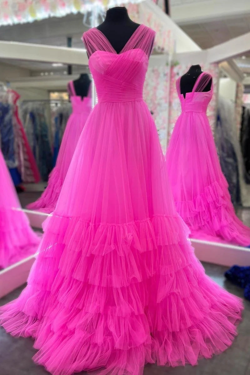 A line Illusion V Neck Pleated Layered Tulle Long Prom Dress For Women