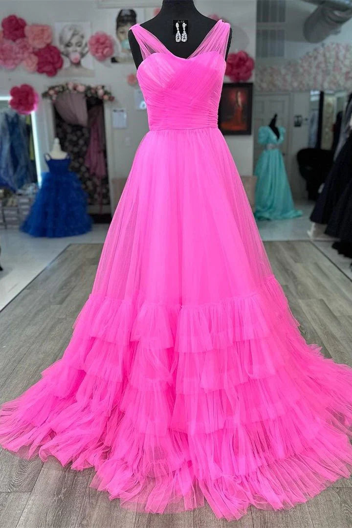 A line Illusion V Neck Pleated Layered Tulle Long Prom Dress For Women