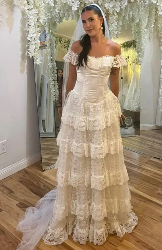 A line Lace Tiered Floor Length Wedding Dresses Off The shoulder Bride Dress For Women No Veils