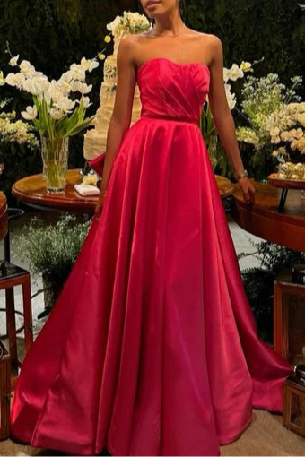 A line Pink Satin Strapless Sweetheart Long Prom Dresses Hot Sale Party Dresses For Women Birthday Outfits
