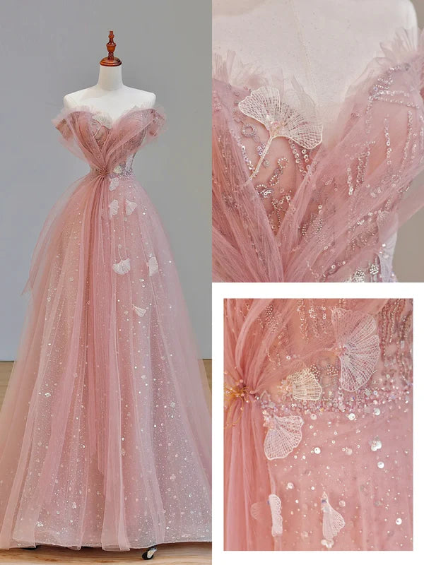 A line Pink Tulle Strapless Cap Sleeves Sequins With Beaded Long Prom Dress Party Dress Graduation Dresses