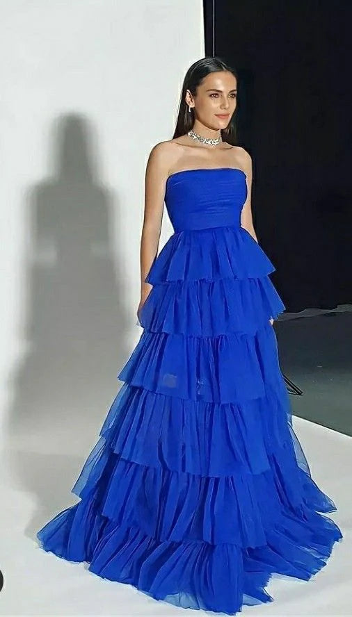A line Royal Blue Tulle Tiered Pleated Strapless Sleeveless Discount Long Prom Dresses Party Dress