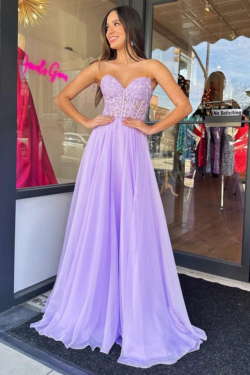 A line Sweetheart Appliques Chiffon Lilac Prom Dress With Detachable Sleeves