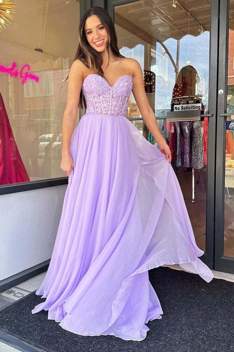 A line Sweetheart Appliques Chiffon Lilac Prom Dress With Detachable Sleeves