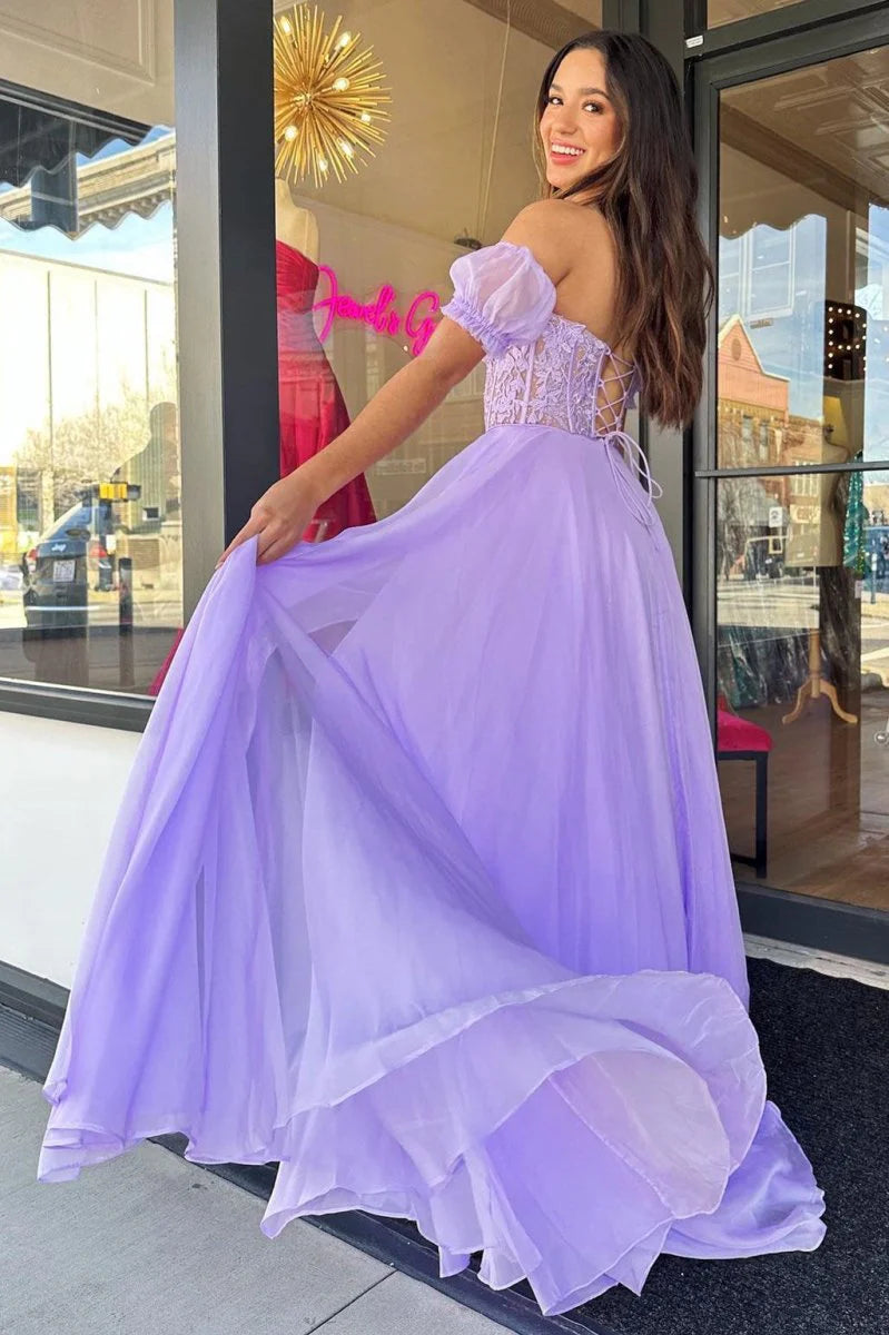 A line Sweetheart Appliques Chiffon Lilac Prom Dress With Detachable Sleeves