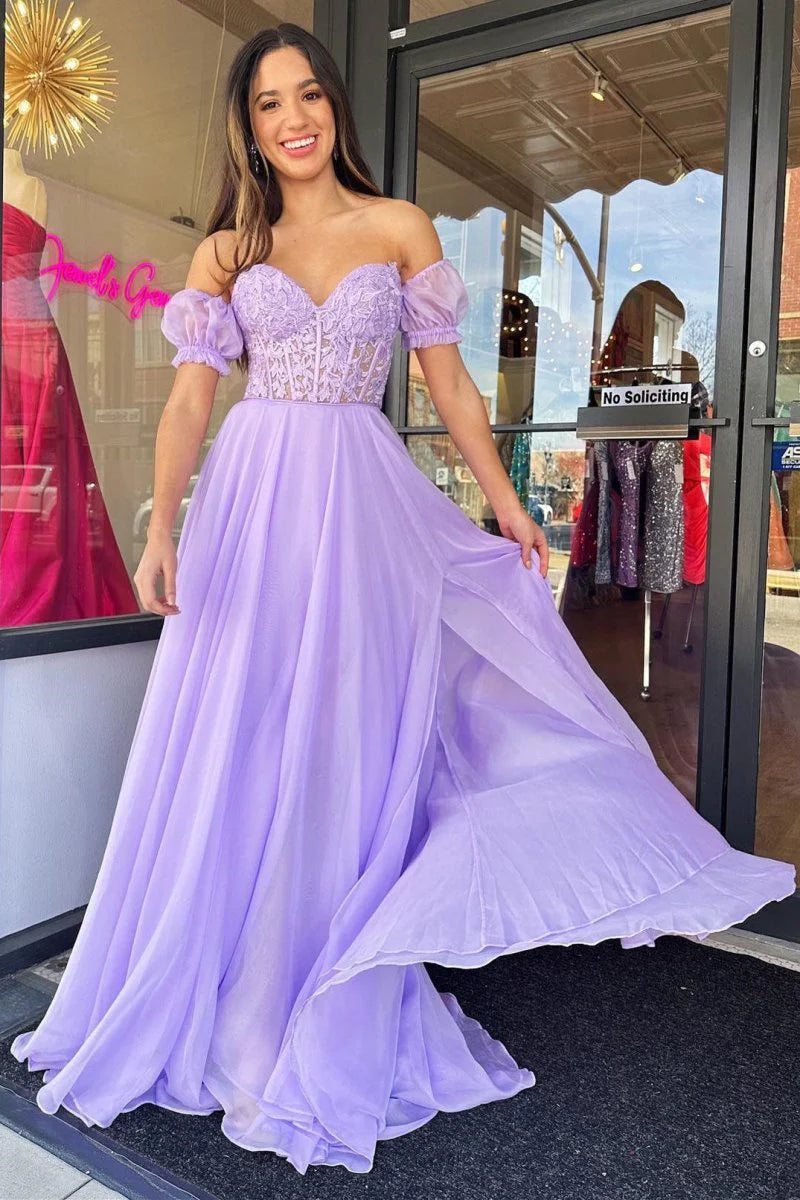 A line Sweetheart Appliques Chiffon Lilac Prom Dress With Detachable Sleeves