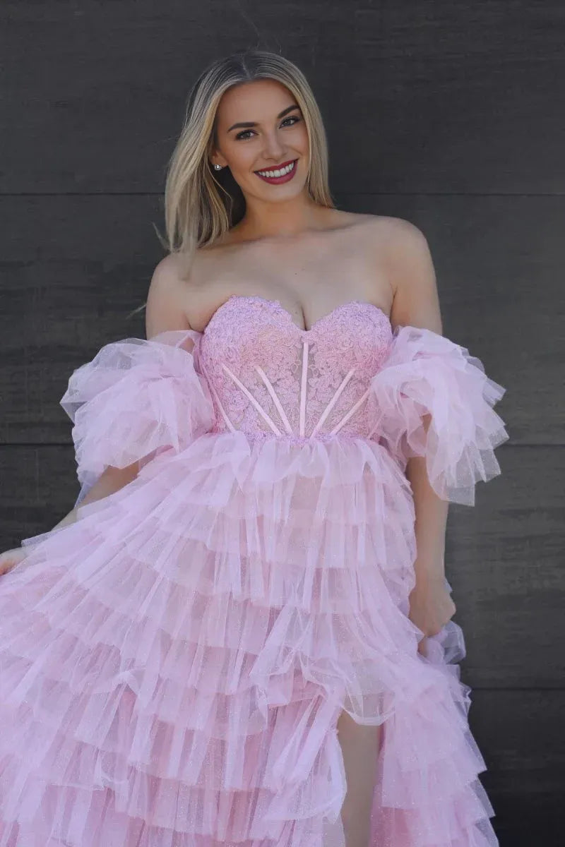 A line Sweetheart Floral Lace Tiered Glitter Tulle Pink Prom Dress With Slit