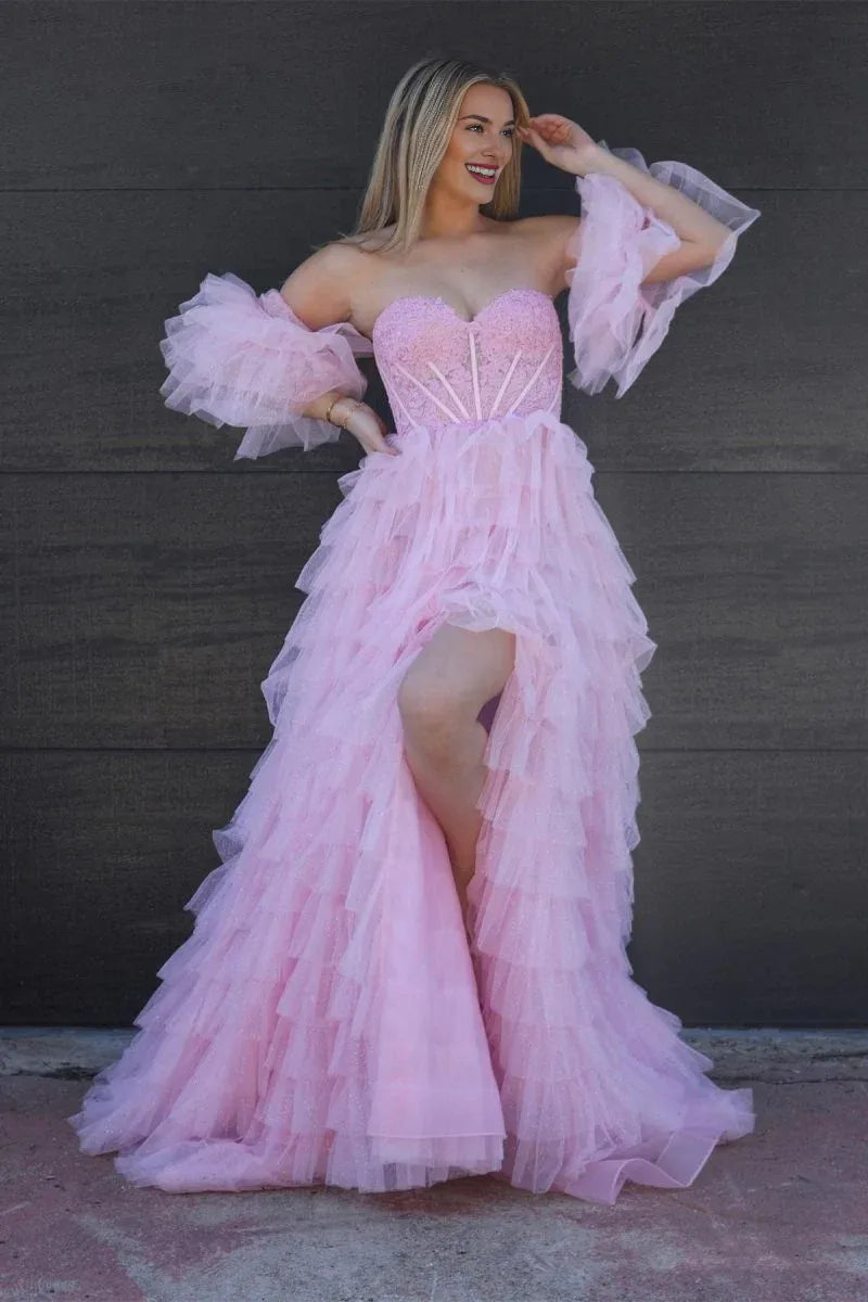 A line Sweetheart Floral Lace Tiered Glitter Tulle Pink Prom Dress With Slit