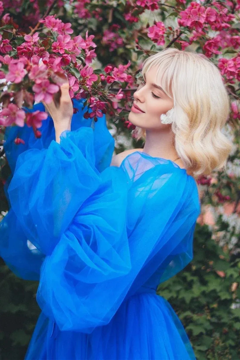 A line Sweetheart Long Sleeves Satin Tulle Blue Prom Dress With Slit