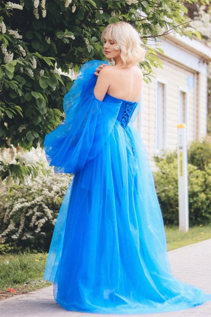 A line Sweetheart Long Sleeves Satin Tulle Blue Prom Dress With Slit
