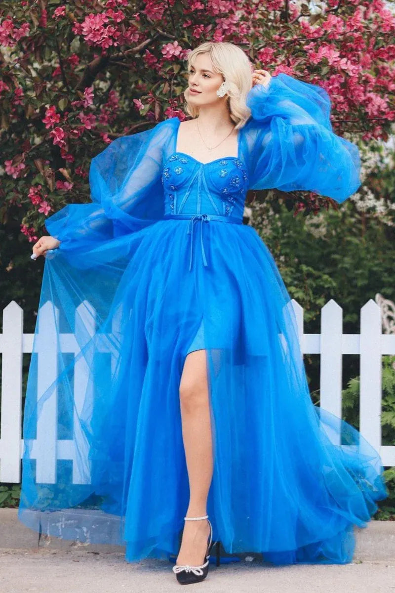 A line Sweetheart Long Sleeves Satin Tulle Blue Prom Dress With Slit