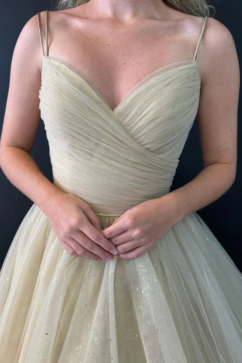 A line V Neck Pleated Glitter Tulle Champagne Floor Length Prom Dress