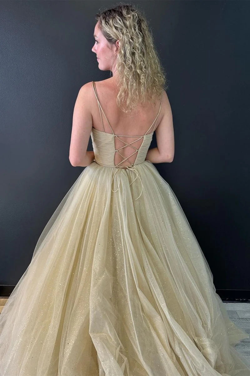 A line V Neck Pleated Glitter Tulle Champagne Floor Length Prom Dress