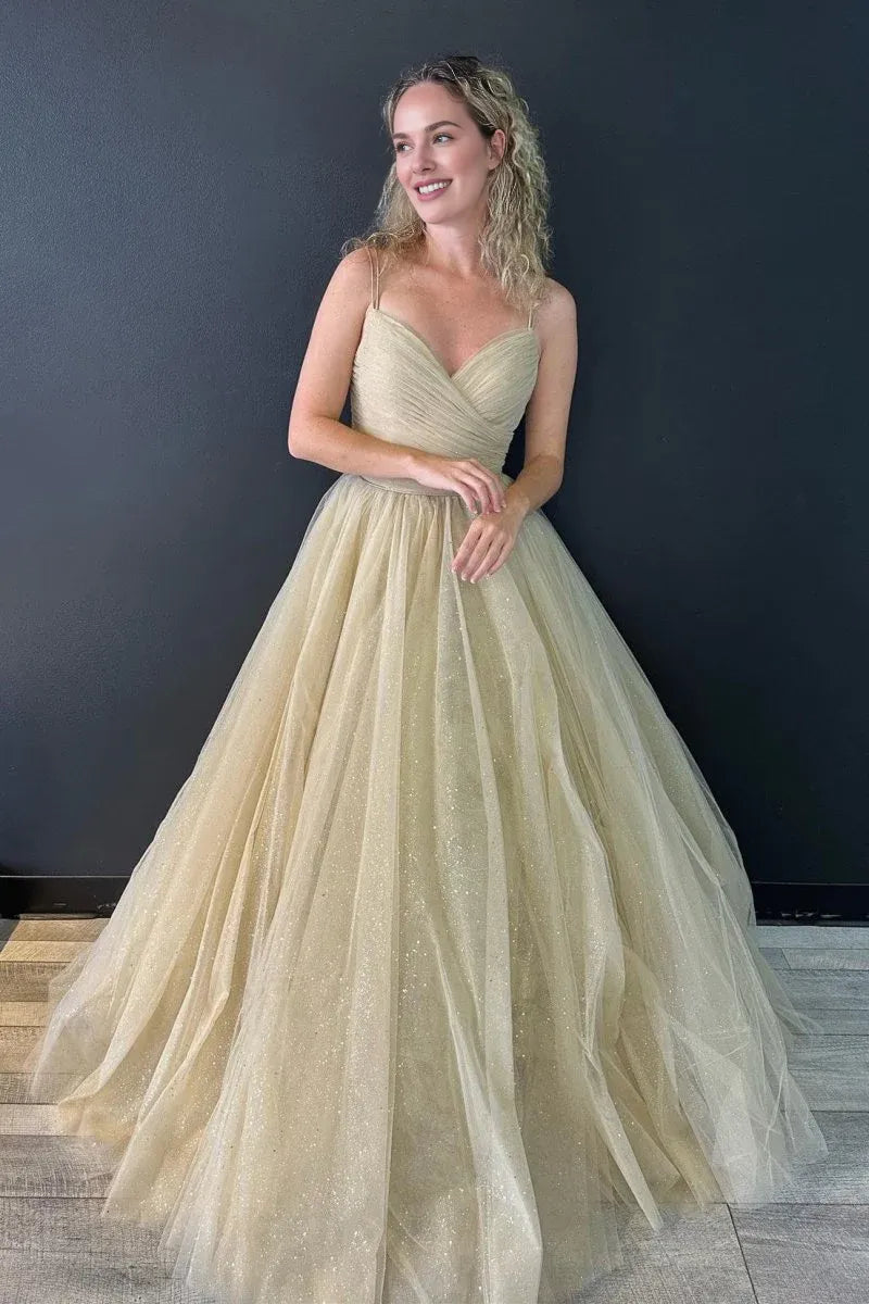 A line V Neck Pleated Glitter Tulle Champagne Floor Length Prom Dress