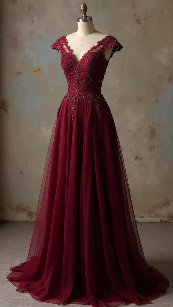 A line Vintage Wine Red Lace V Neck Long Prom Dresses Hot Sale Party Dress For Women