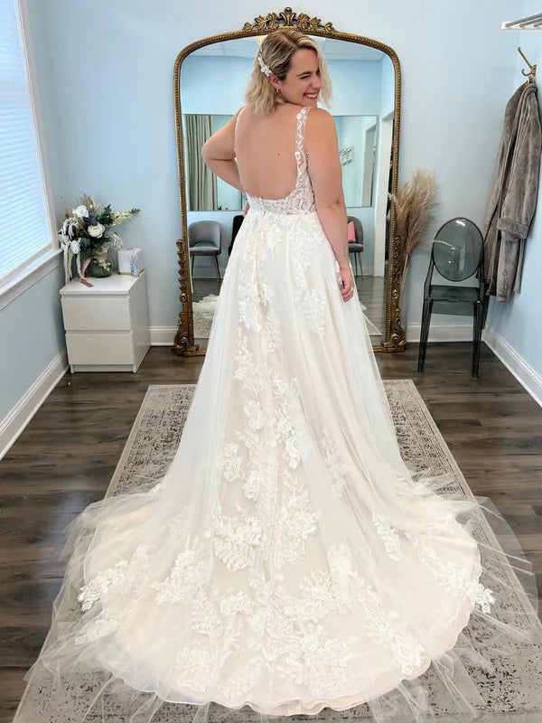 A Line Tulle Straps Applique Wedding Dresses