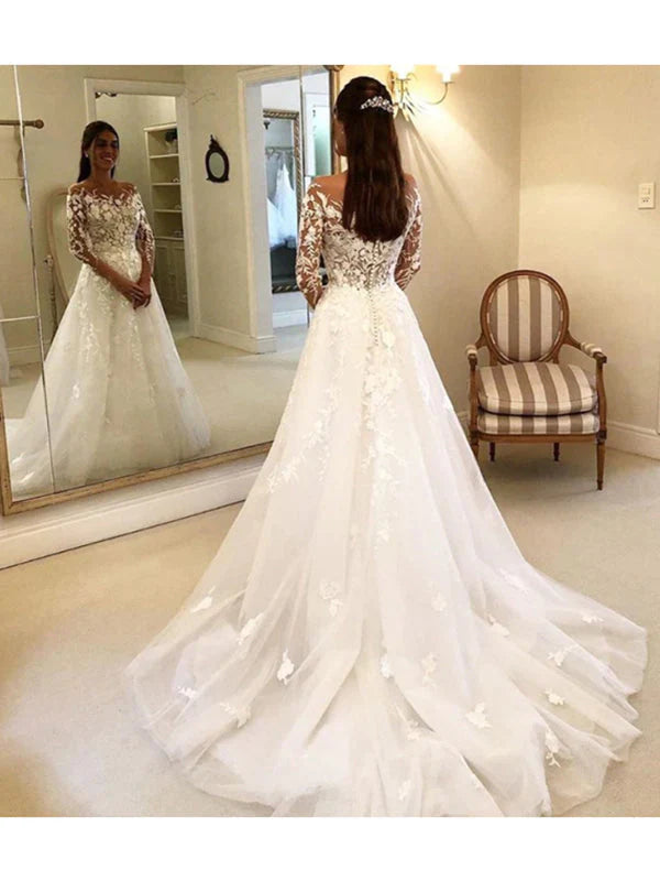 Illusion Crew Neckline Long Sleeve Applique A Line Wedding Dresses