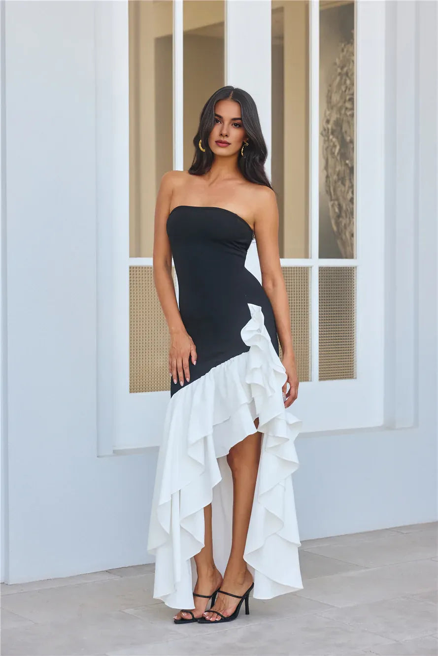 Appropriate Color Matching Sheath Strapless Ruffle Black Maxi Prom Dress With Asymmetric Hem
