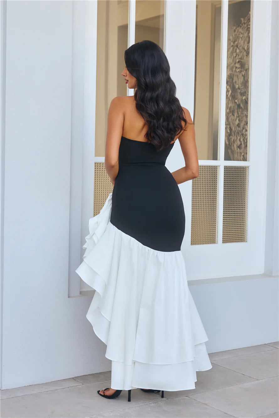 Appropriate Color Matching Sheath Strapless Ruffle Black Maxi Prom Dress With Asymmetric Hem