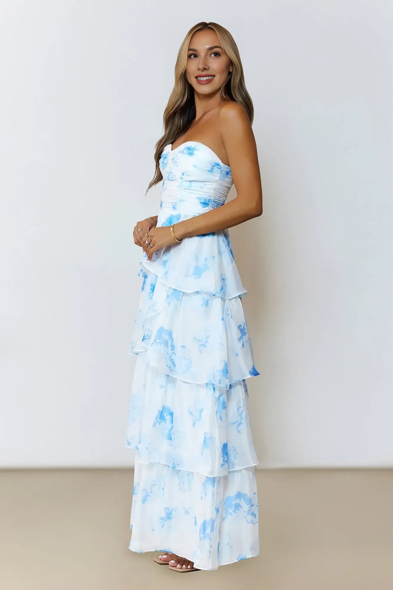Appropriate Color Matching Strapless Pleated Ruffle Tiered Floral Blue Maxi Prom Dress