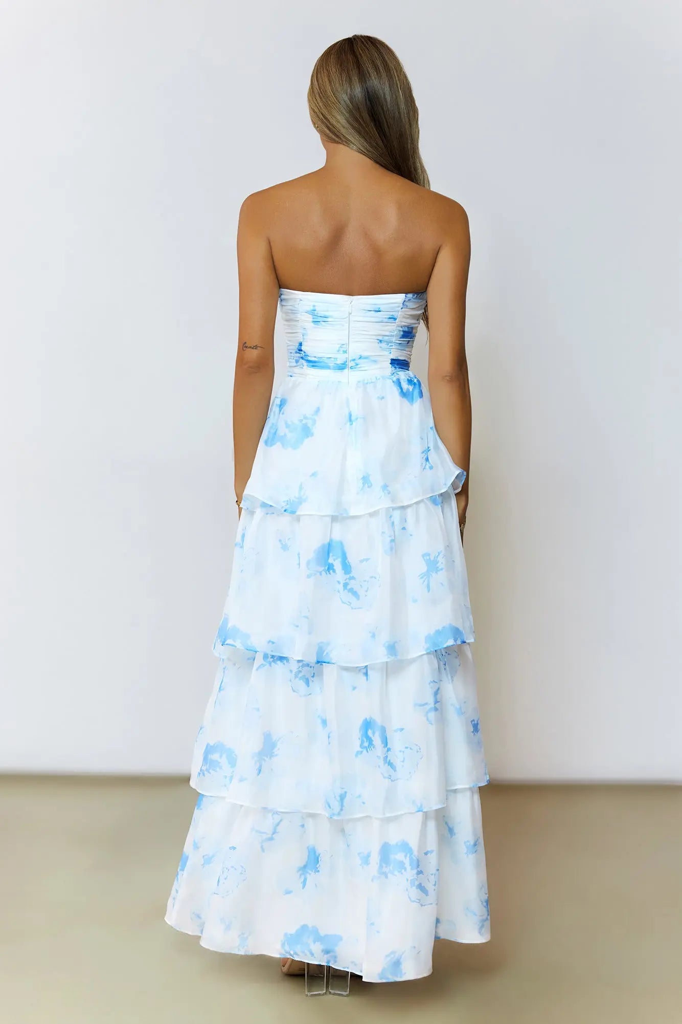 Appropriate Color Matching Strapless Pleated Ruffle Tiered Floral Blue Maxi Prom Dress