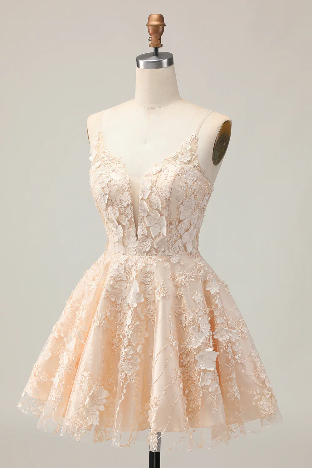Apricot Floral A Line Spaghetti Straps Short Homecoming Party Dress With Appliques