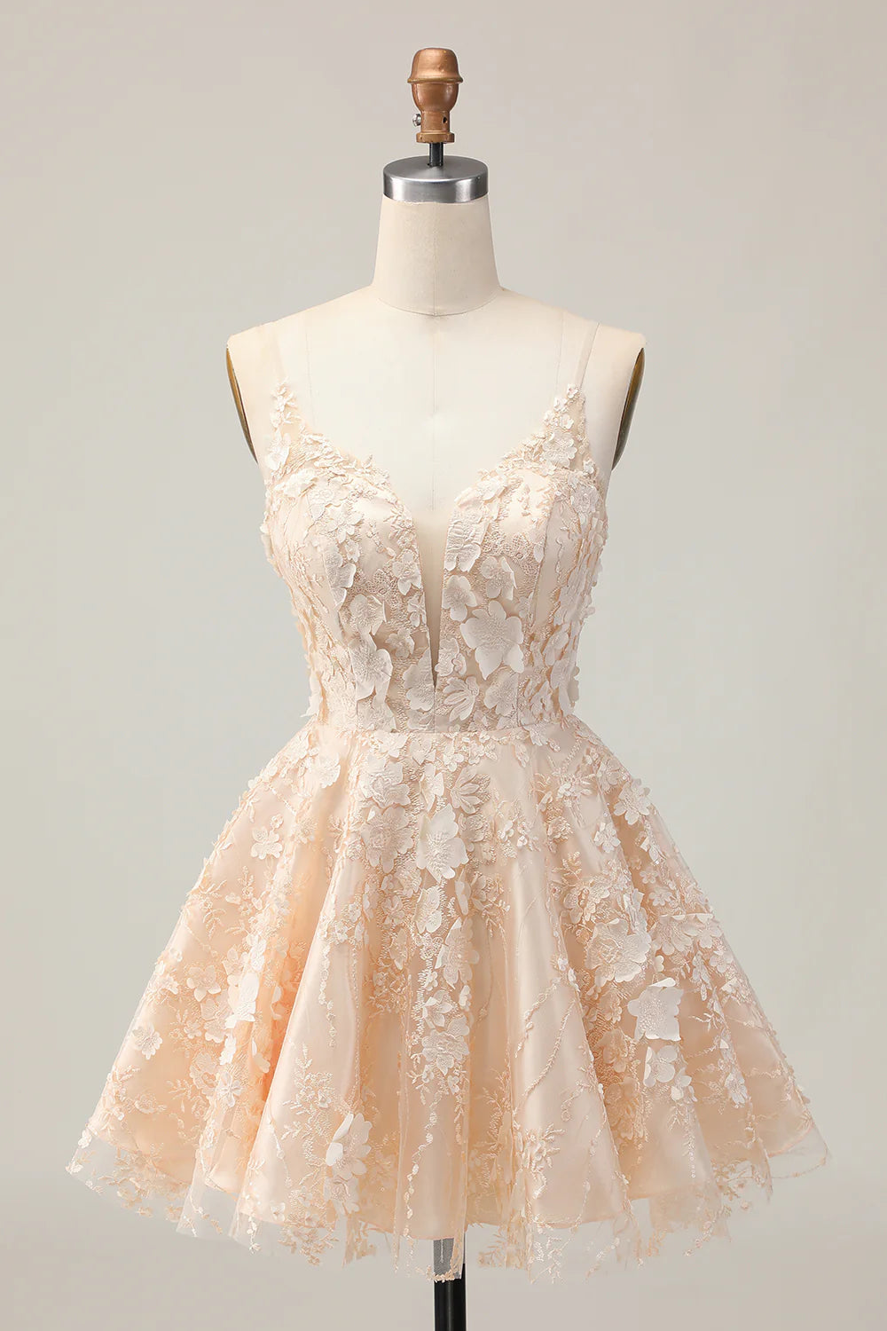 Apricot Floral A Line Spaghetti Straps Short Homecoming Party Dress With Appliques