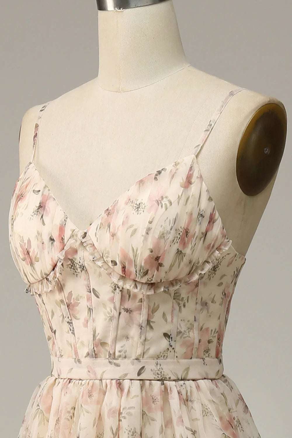 Apricot Floral Print V Neck Spaghetti Straps A Line Long Prom Dress With Slit Apricot Floral Party Dress