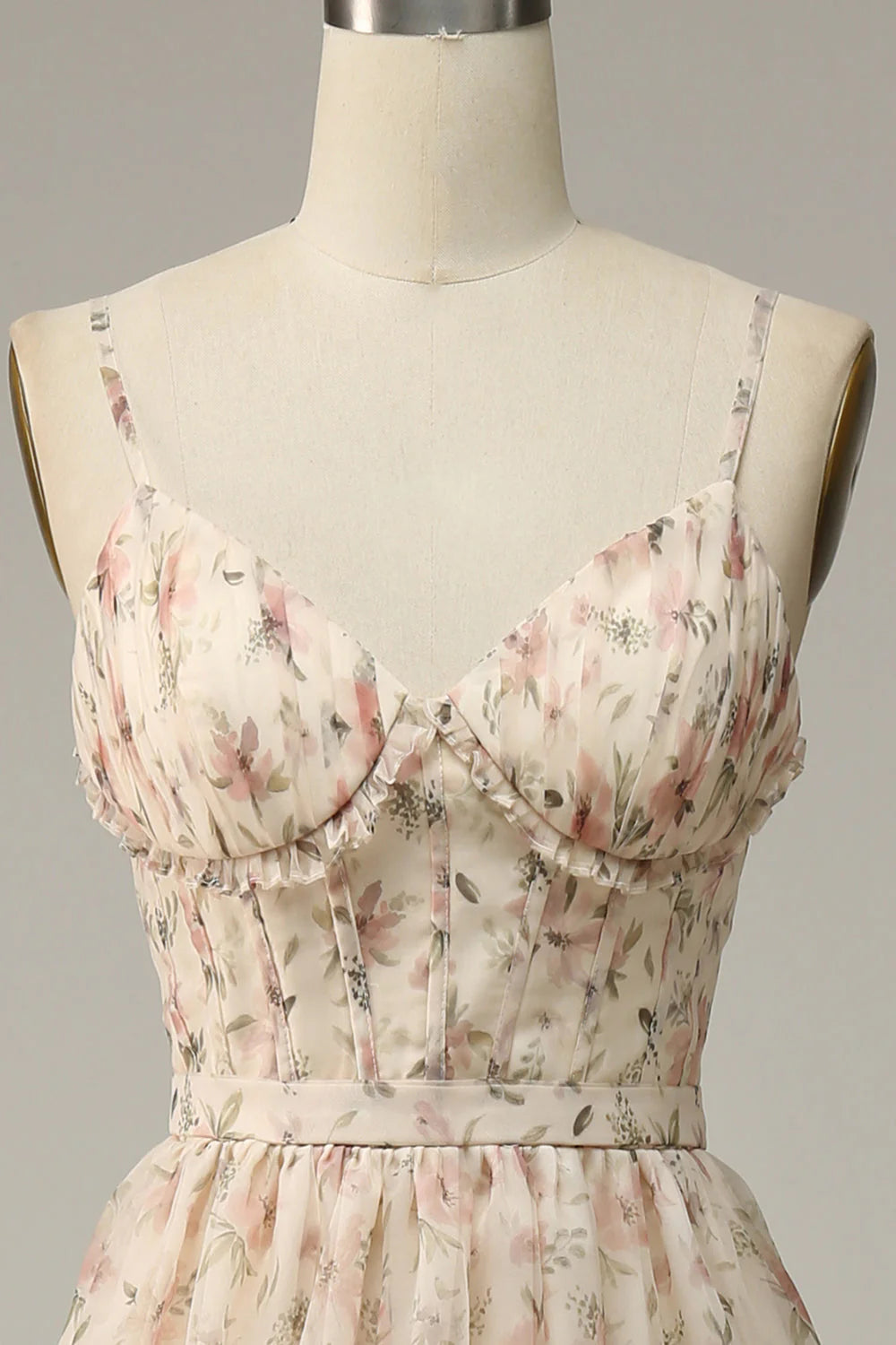 Apricot Floral Print V Neck Spaghetti Straps A Line Long Prom Dress With Slit Apricot Floral Party Dress