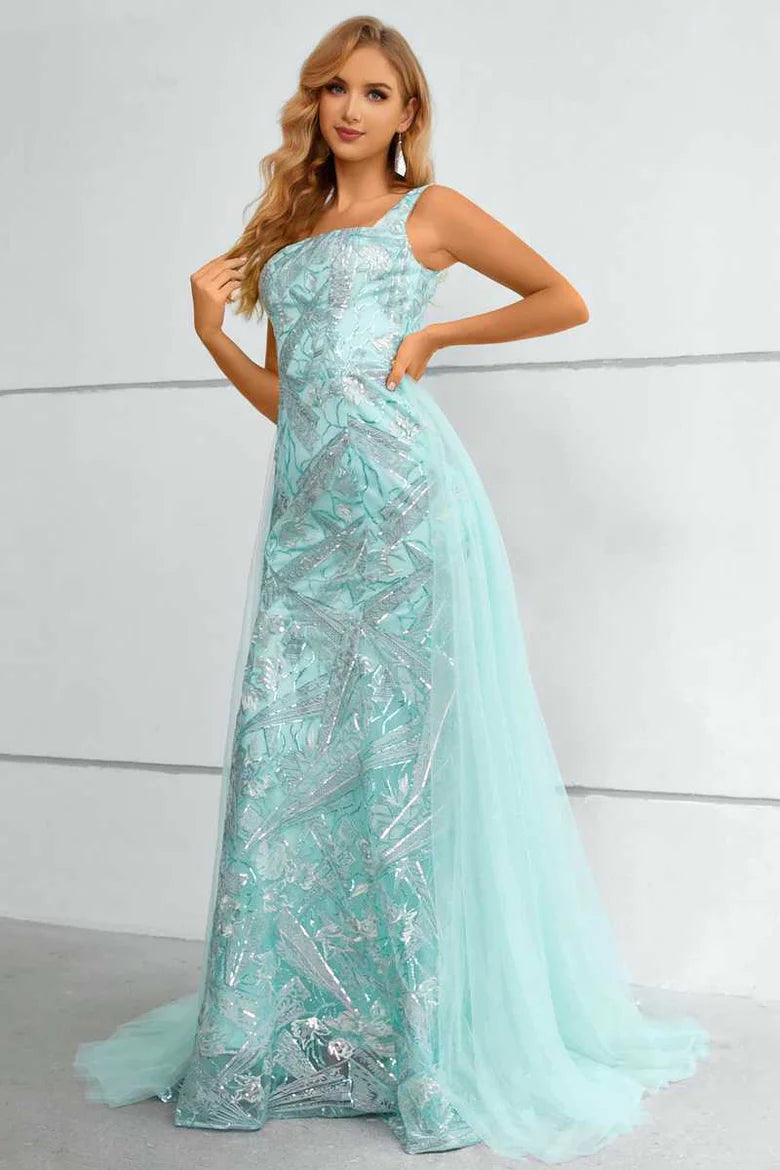 Aqua A-line Square Neck Mermaid Long Evening Dress with Attached Train