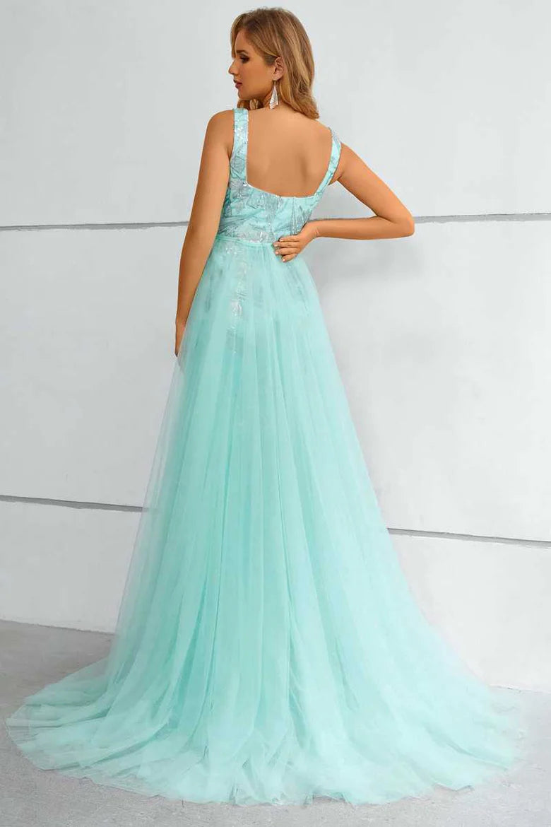 Aqua A-line Square Neck Mermaid Long Evening Dress with Attached Train