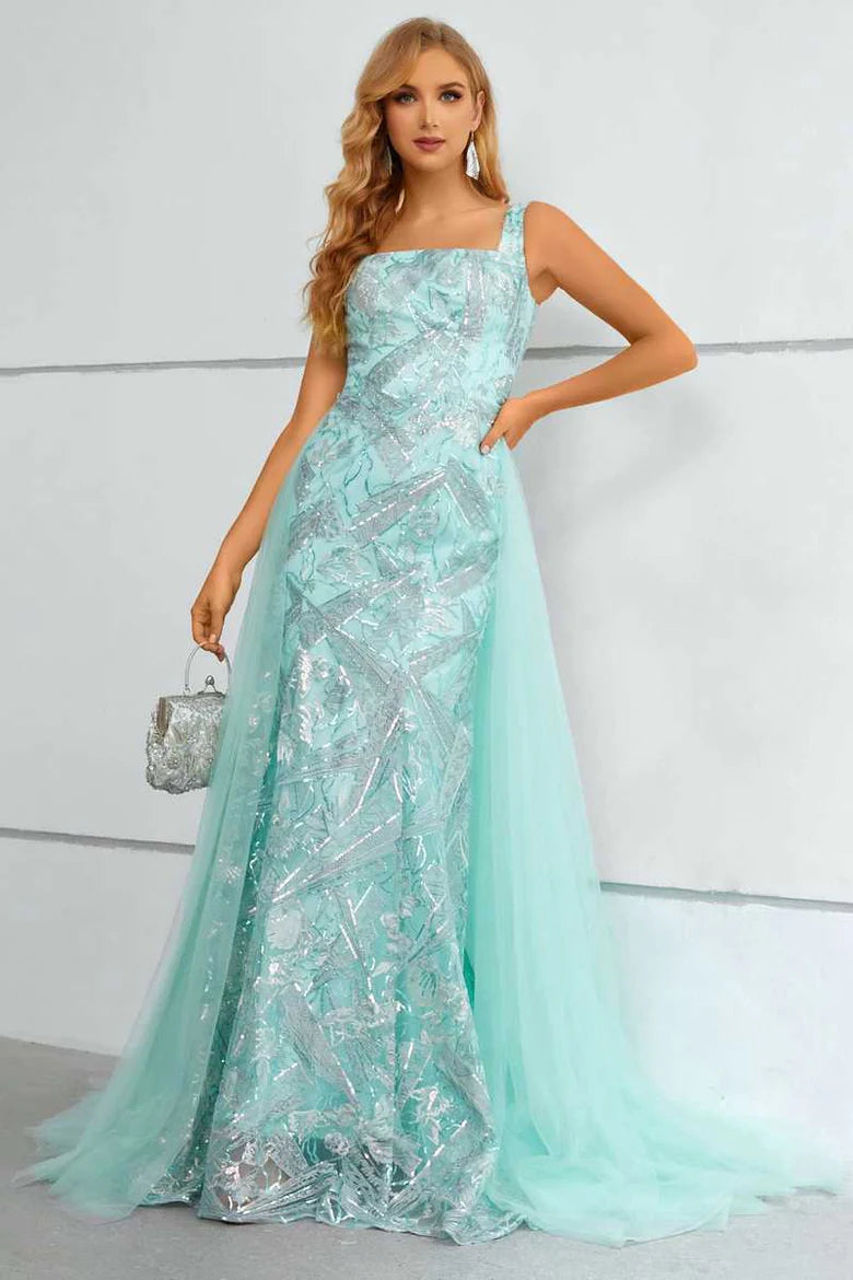 Aqua A-line Square Neck Mermaid Long Evening Dress with Attached Train