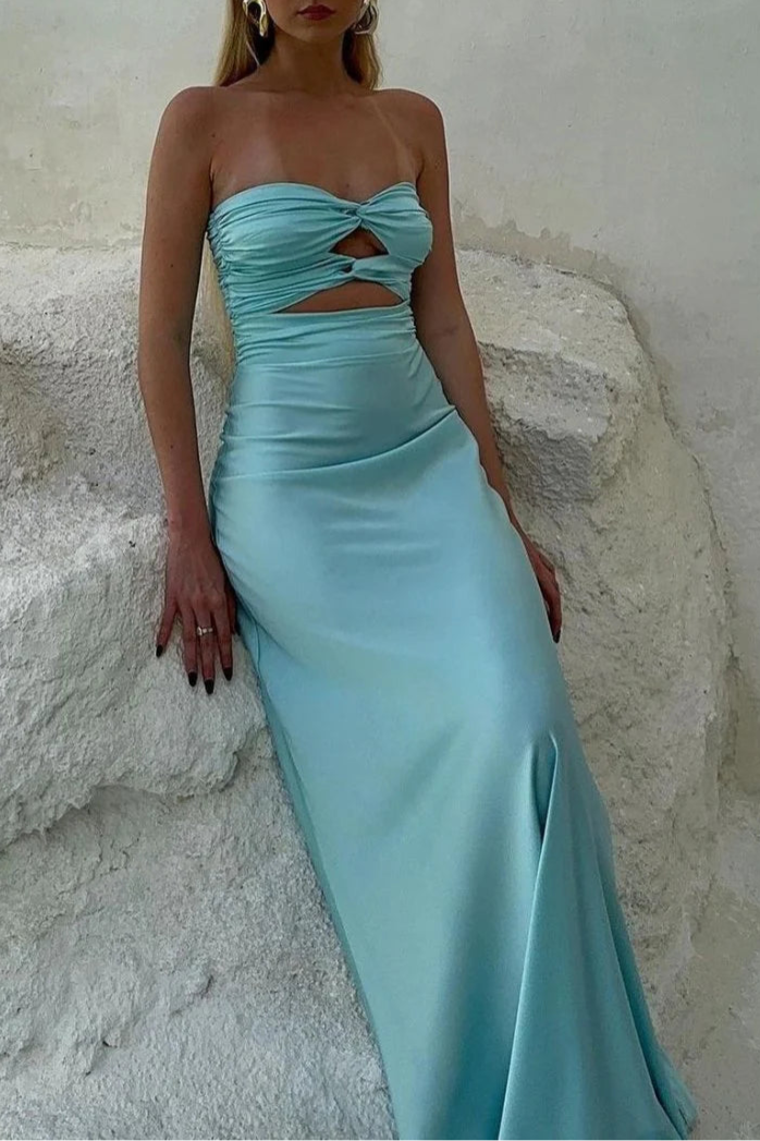 Aqua Blue Cut Out Strapless Sheath Floor Length Long Prom Dresses Aqua Blue Evening Dress