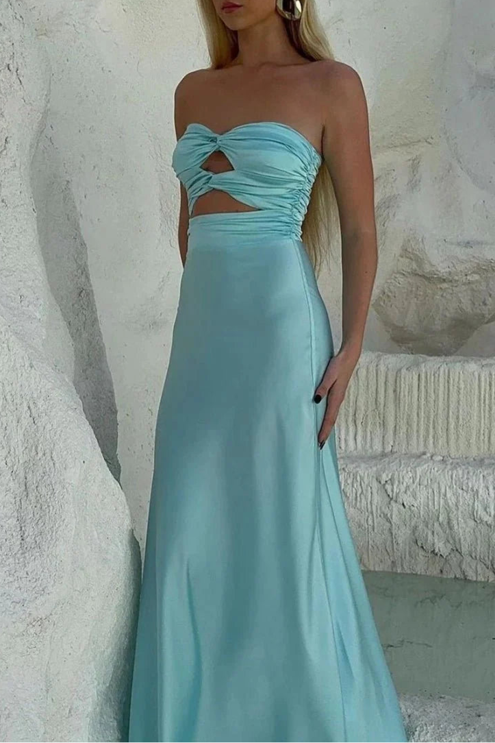 Aqua Blue Cut Out Strapless Sheath Floor Length Long Prom Dresses Aqua Blue Evening Dress