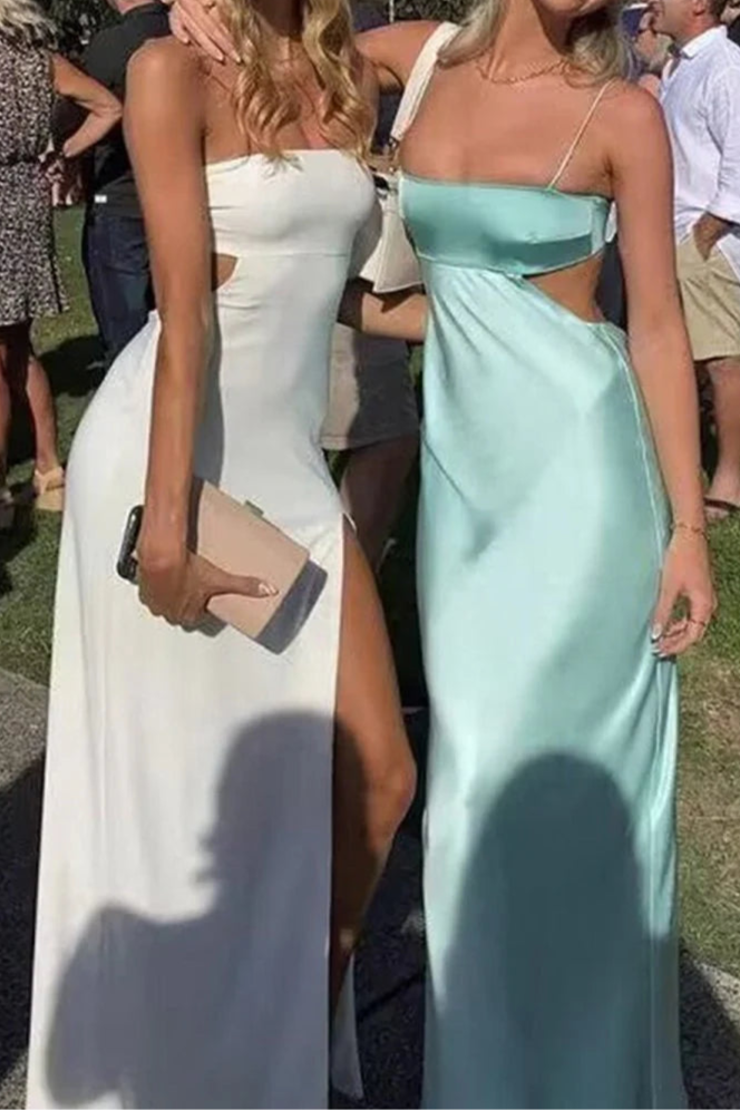 Aqua Blue Satin Cut Out Spaghetti Straps Sheath Prom Dress Formal Party Dress Evening Dress