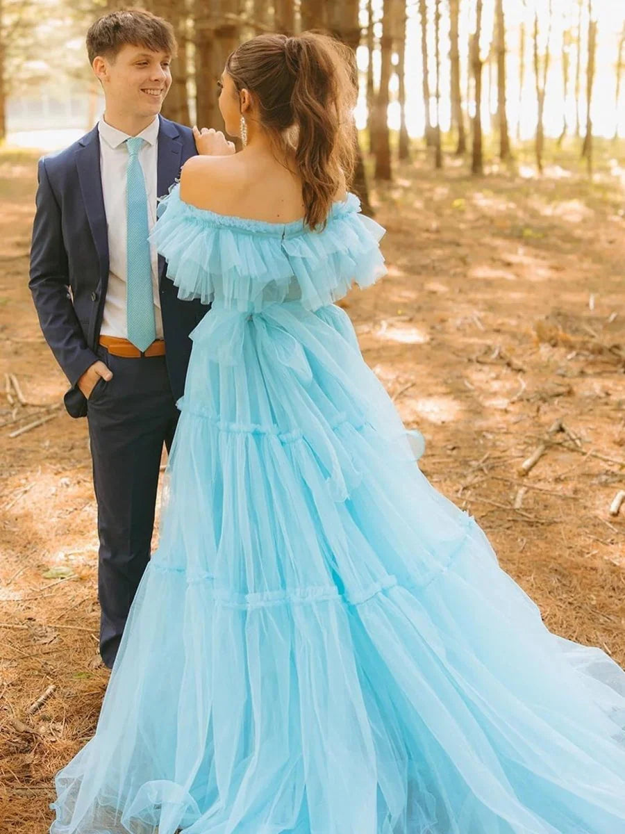 Aqua Blue Tulle Ruffles Off the Shoulder Corset A-line Long Formal Prom Dress Discount Tulle Evening Dresses