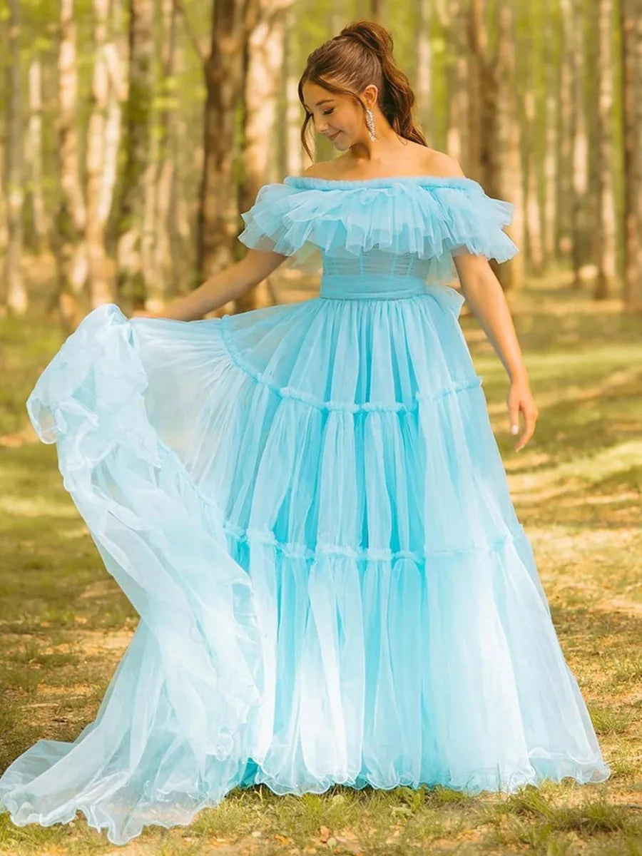 Aqua Blue Tulle Ruffles Off the Shoulder Corset A-line Long Formal Prom Dress Discount Tulle Evening Dresses