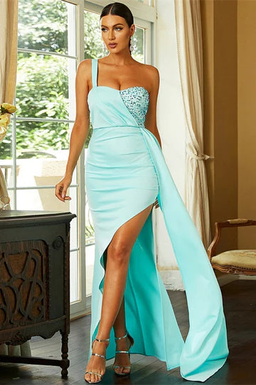 Aqua Satin and Sequin Spliced One shoulder Slit Long Evening Dress